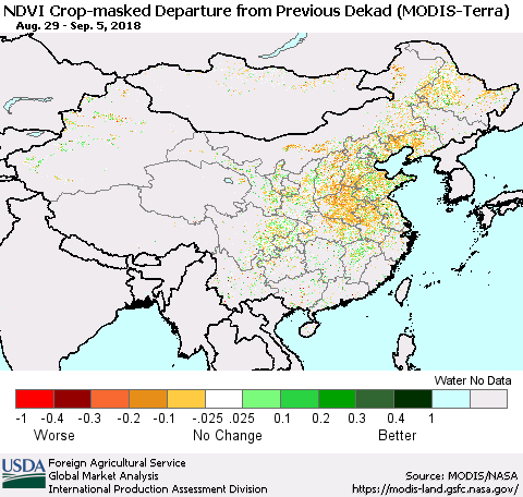 China and Taiwan Cropland NDVI Departure from Previous Dekad (Terra-MODIS) Thematic Map For 9/1/2018 - 9/10/2018