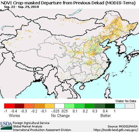 China and Taiwan Cropland NDVI Departure from Previous Dekad (Terra-MODIS) Thematic Map For 9/21/2018 - 9/30/2018