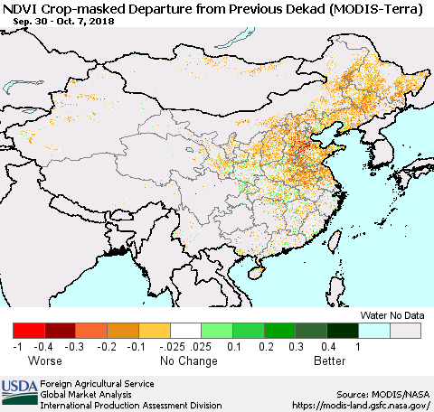 China and Taiwan Cropland NDVI Departure from Previous Dekad (Terra-MODIS) Thematic Map For 10/1/2018 - 10/10/2018
