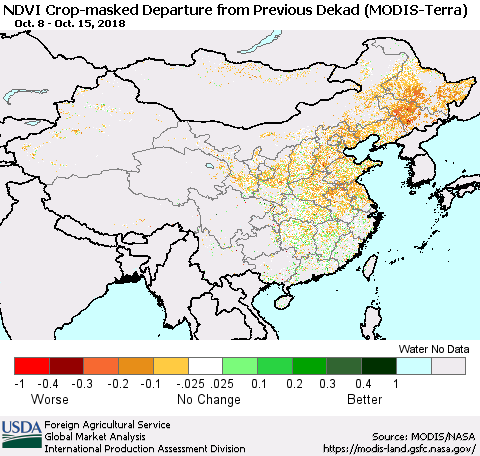China, Mongolia and Taiwan Cropland NDVI Departure from Previous Dekad (Terra-MODIS) Thematic Map For 10/11/2018 - 10/20/2018