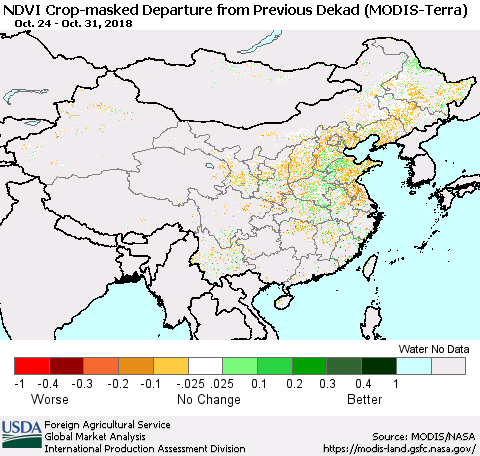 China and Taiwan Cropland NDVI Departure from Previous Dekad (Terra-MODIS) Thematic Map For 10/21/2018 - 10/31/2018