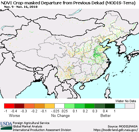 China, Mongolia and Taiwan Cropland NDVI Departure from Previous Dekad (Terra-MODIS) Thematic Map For 11/11/2018 - 11/20/2018