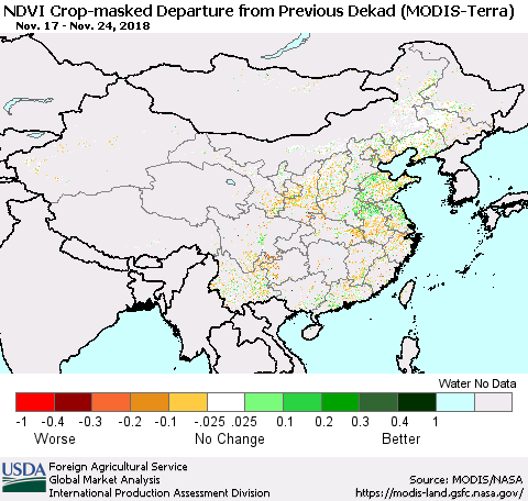 China and Taiwan Cropland NDVI Departure from Previous Dekad (Terra-MODIS) Thematic Map For 11/21/2018 - 11/30/2018