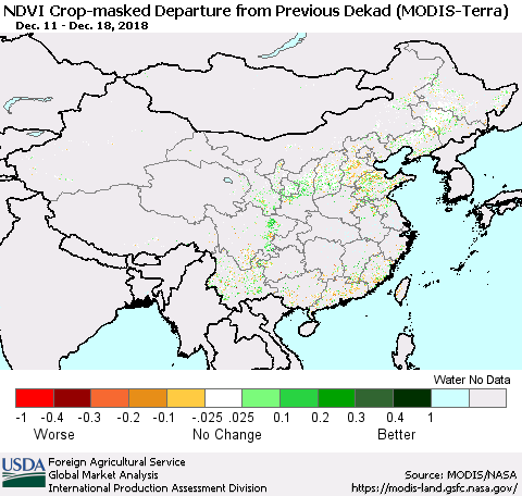 China and Taiwan Cropland NDVI Departure from Previous Dekad (Terra-MODIS) Thematic Map For 12/11/2018 - 12/20/2018