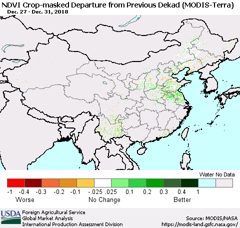 China and Taiwan Cropland NDVI Departure from Previous Dekad (Terra-MODIS) Thematic Map For 12/21/2018 - 12/31/2018