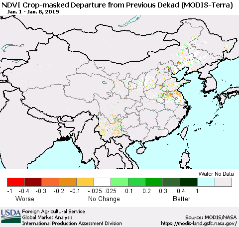 China, Mongolia and Taiwan Cropland NDVI Departure from Previous Dekad (Terra-MODIS) Thematic Map For 1/1/2019 - 1/10/2019