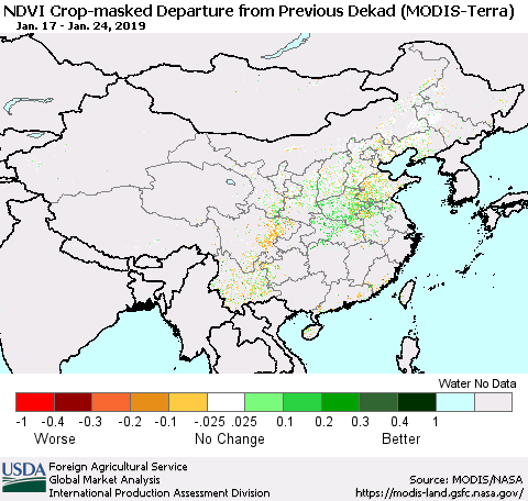 China and Taiwan Cropland NDVI Departure from Previous Dekad (Terra-MODIS) Thematic Map For 1/21/2019 - 1/31/2019
