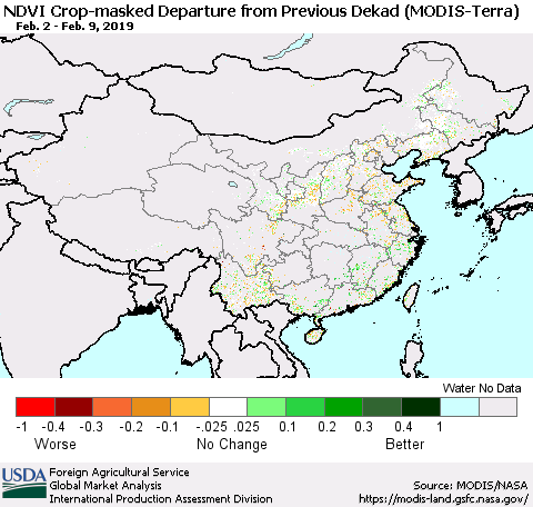 China and Taiwan Cropland NDVI Departure from Previous Dekad (Terra-MODIS) Thematic Map For 2/1/2019 - 2/10/2019