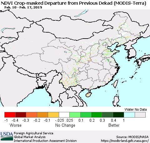 China and Taiwan Cropland NDVI Departure from Previous Dekad (Terra-MODIS) Thematic Map For 2/11/2019 - 2/20/2019