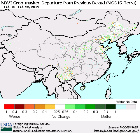 China and Taiwan Cropland NDVI Departure from Previous Dekad (Terra-MODIS) Thematic Map For 2/21/2019 - 2/28/2019