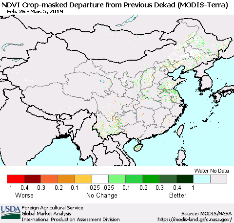 China, Mongolia and Taiwan Cropland NDVI Departure from Previous Dekad (Terra-MODIS) Thematic Map For 3/1/2019 - 3/10/2019