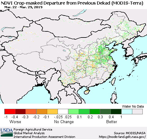 China and Taiwan Cropland NDVI Departure from Previous Dekad (Terra-MODIS) Thematic Map For 3/21/2019 - 3/31/2019