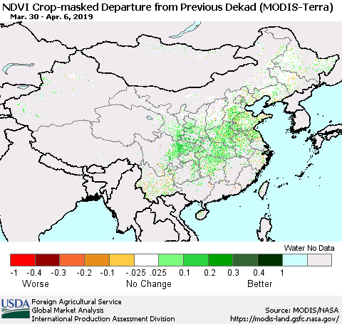 China, Mongolia and Taiwan Cropland NDVI Departure from Previous Dekad (Terra-MODIS) Thematic Map For 4/1/2019 - 4/10/2019