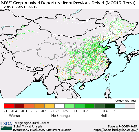 China and Taiwan Cropland NDVI Departure from Previous Dekad (Terra-MODIS) Thematic Map For 4/11/2019 - 4/20/2019