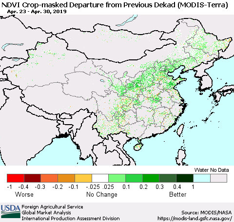 China, Mongolia and Taiwan Cropland NDVI Departure from Previous Dekad (Terra-MODIS) Thematic Map For 4/21/2019 - 4/30/2019