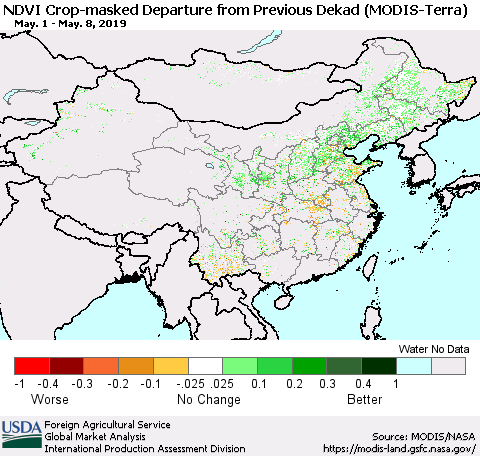 China, Mongolia and Taiwan Cropland NDVI Departure from Previous Dekad (Terra-MODIS) Thematic Map For 5/1/2019 - 5/10/2019