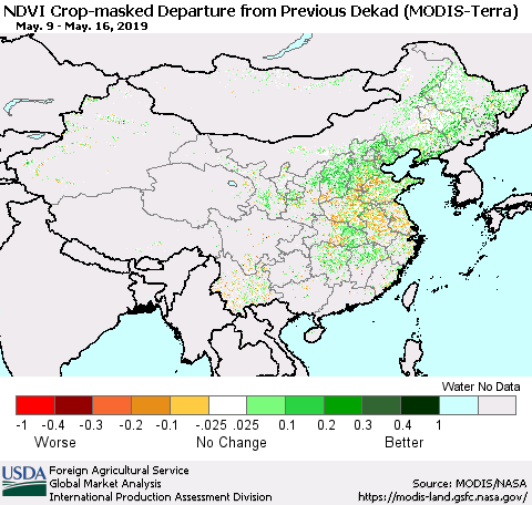 China and Taiwan Cropland NDVI Departure from Previous Dekad (Terra-MODIS) Thematic Map For 5/11/2019 - 5/20/2019