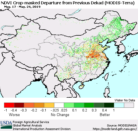 China, Mongolia and Taiwan Cropland NDVI Departure from Previous Dekad (Terra-MODIS) Thematic Map For 5/21/2019 - 5/31/2019