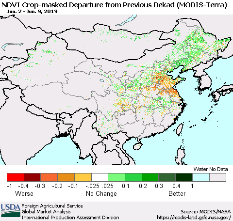 China and Taiwan Cropland NDVI Departure from Previous Dekad (Terra-MODIS) Thematic Map For 6/1/2019 - 6/10/2019