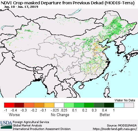 China, Mongolia and Taiwan Cropland NDVI Departure from Previous Dekad (Terra-MODIS) Thematic Map For 6/11/2019 - 6/20/2019