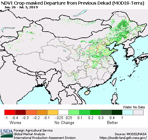 China and Taiwan Cropland NDVI Departure from Previous Dekad (Terra-MODIS) Thematic Map For 7/1/2019 - 7/10/2019