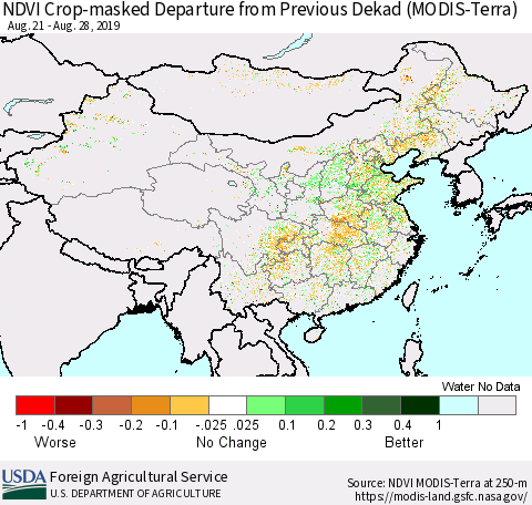 China and Taiwan Cropland NDVI Departure from Previous Dekad (Terra-MODIS) Thematic Map For 8/21/2019 - 8/31/2019