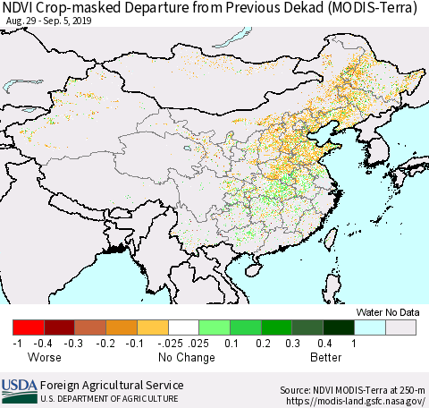 China and Taiwan Cropland NDVI Departure from Previous Dekad (Terra-MODIS) Thematic Map For 9/1/2019 - 9/10/2019