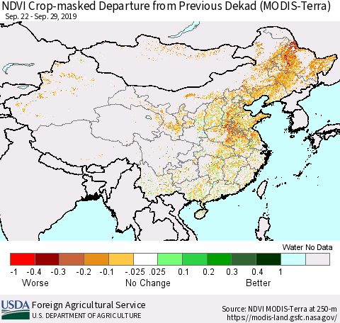 China and Taiwan Cropland NDVI Departure from Previous Dekad (Terra-MODIS) Thematic Map For 9/21/2019 - 9/30/2019