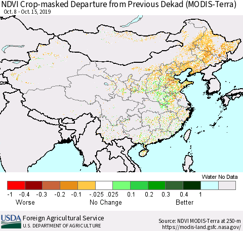 China and Taiwan Cropland NDVI Departure from Previous Dekad (Terra-MODIS) Thematic Map For 10/11/2019 - 10/20/2019