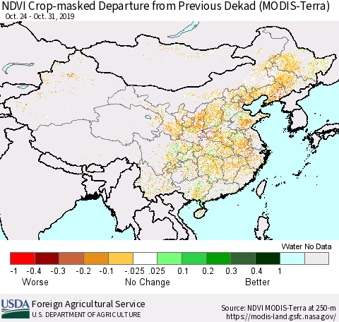 China and Taiwan Cropland NDVI Departure from Previous Dekad (Terra-MODIS) Thematic Map For 10/21/2019 - 10/31/2019