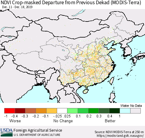 China and Taiwan Cropland NDVI Departure from Previous Dekad (Terra-MODIS) Thematic Map For 12/11/2019 - 12/20/2019
