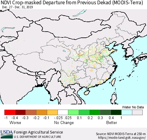 China and Taiwan Cropland NDVI Departure from Previous Dekad (Terra-MODIS) Thematic Map For 12/21/2019 - 12/31/2019