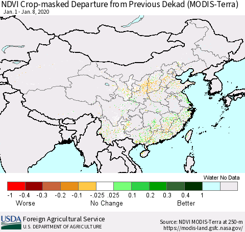 China and Taiwan Cropland NDVI Departure from Previous Dekad (Terra-MODIS) Thematic Map For 1/1/2020 - 1/10/2020