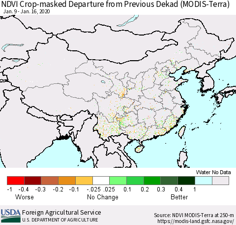 China and Taiwan Cropland NDVI Departure from Previous Dekad (Terra-MODIS) Thematic Map For 1/11/2020 - 1/20/2020