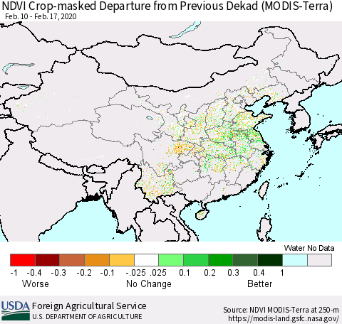 China and Taiwan Cropland NDVI Departure from Previous Dekad (Terra-MODIS) Thematic Map For 2/11/2020 - 2/20/2020