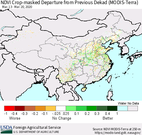 China and Taiwan Cropland NDVI Departure from Previous Dekad (Terra-MODIS) Thematic Map For 3/11/2020 - 3/20/2020