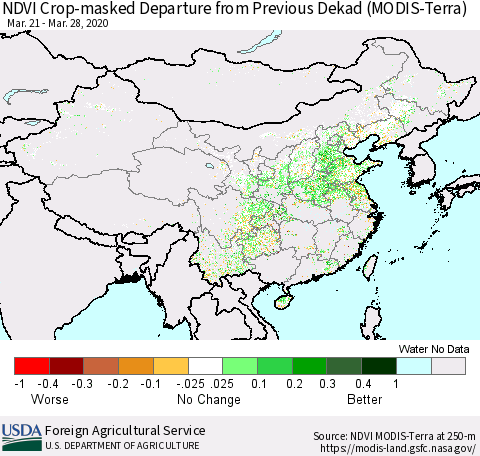 China and Taiwan Cropland NDVI Departure from Previous Dekad (Terra-MODIS) Thematic Map For 3/21/2020 - 3/31/2020