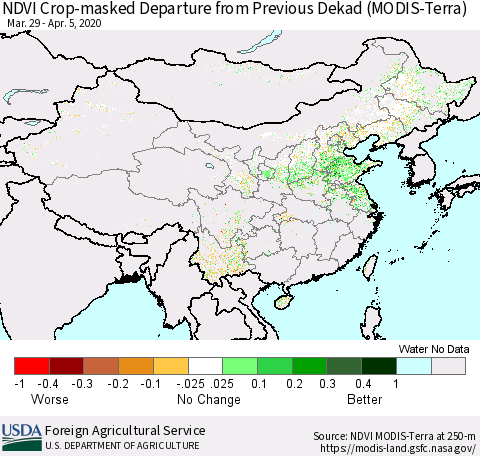 China and Taiwan Cropland NDVI Departure from Previous Dekad (Terra-MODIS) Thematic Map For 4/1/2020 - 4/10/2020