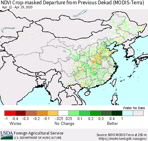China and Taiwan Cropland NDVI Departure from Previous Dekad (Terra-MODIS) Thematic Map For 4/21/2020 - 4/30/2020