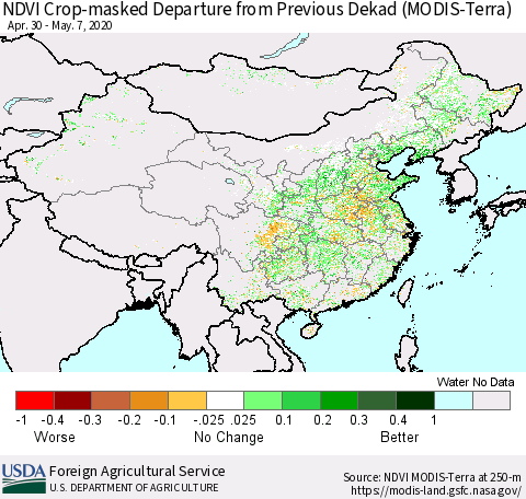 China and Taiwan Cropland NDVI Departure from Previous Dekad (Terra-MODIS) Thematic Map For 5/1/2020 - 5/10/2020