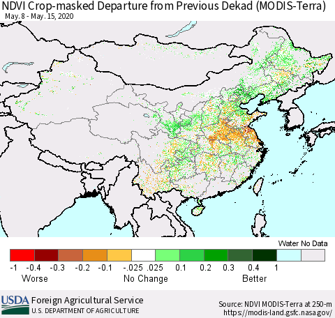 China and Taiwan Cropland NDVI Departure from Previous Dekad (Terra-MODIS) Thematic Map For 5/11/2020 - 5/20/2020