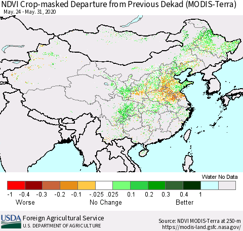 China and Taiwan Cropland NDVI Departure from Previous Dekad (Terra-MODIS) Thematic Map For 5/21/2020 - 5/31/2020