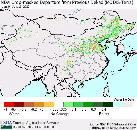 China and Taiwan Cropland NDVI Departure from Previous Dekad (Terra-MODIS) Thematic Map For 6/11/2020 - 6/20/2020