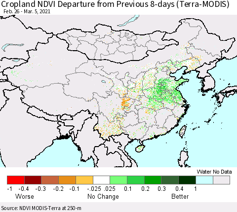 China, Mongolia and Taiwan Cropland NDVI Departure from Previous 8-days (Terra-MODIS) Thematic Map For 2/26/2021 - 3/5/2021