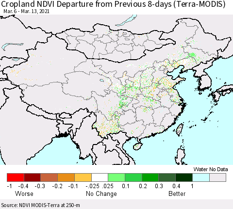 China, Mongolia and Taiwan Cropland NDVI Departure from Previous 8-days (Terra-MODIS) Thematic Map For 3/6/2021 - 3/13/2021