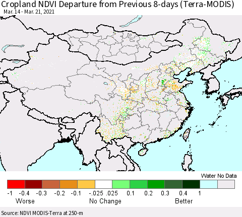 China, Mongolia and Taiwan Cropland NDVI Departure from Previous 8-days (Terra-MODIS) Thematic Map For 3/14/2021 - 3/21/2021