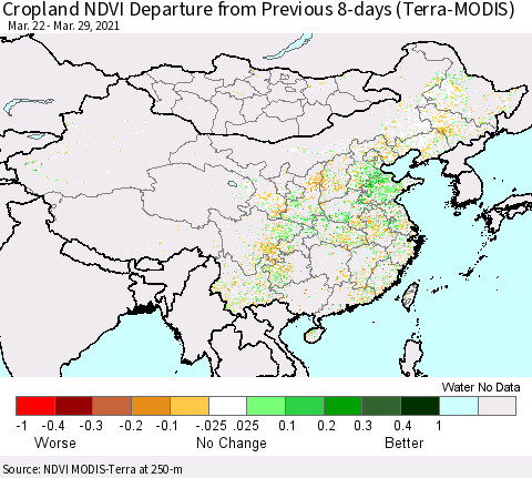 China, Mongolia and Taiwan Cropland NDVI Departure from Previous 8-days (Terra-MODIS) Thematic Map For 3/22/2021 - 3/29/2021