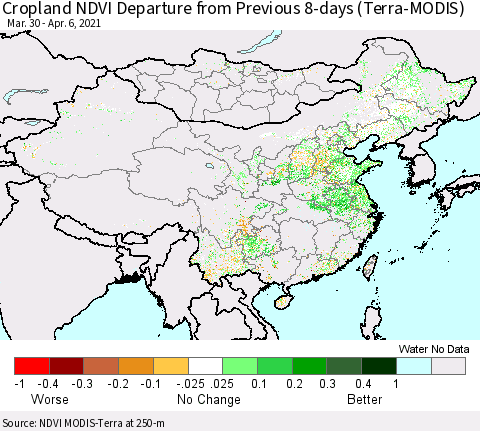 China, Mongolia and Taiwan Cropland NDVI Departure from Previous 8-days (Terra-MODIS) Thematic Map For 3/30/2021 - 4/6/2021