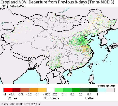 China, Mongolia and Taiwan Cropland NDVI Departure from Previous 8-days (Terra-MODIS) Thematic Map For 4/7/2021 - 4/14/2021