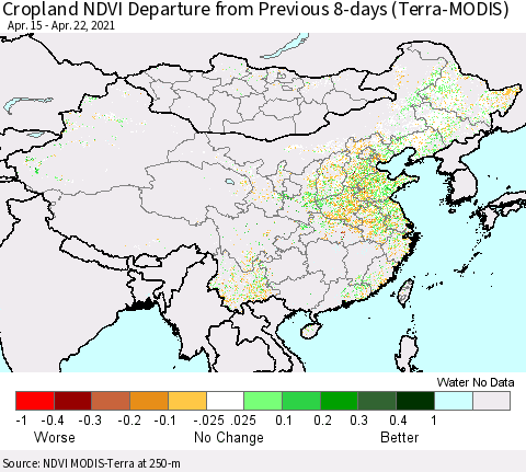 China, Mongolia and Taiwan Cropland NDVI Departure from Previous 8-days (Terra-MODIS) Thematic Map For 4/15/2021 - 4/22/2021